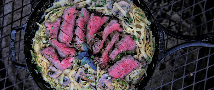 Browned Butter-Based Filet Mignon with White Wine Fettuccine & Charred Asparagus